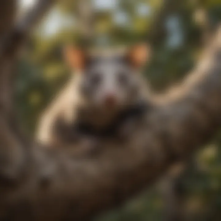 A possum lounging in a backyard tree, showcasing its natural habitat.