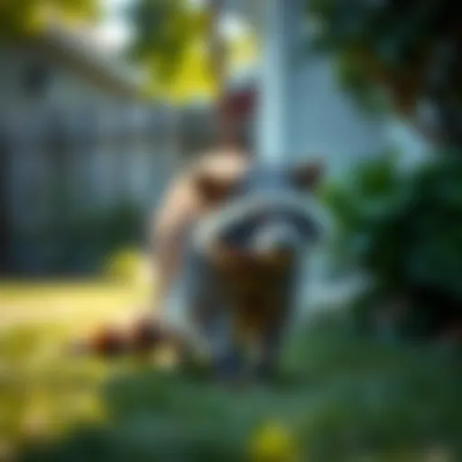 A raccoon curiously exploring a backyard