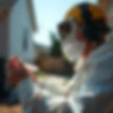 Pest control professional applying ant bait in a residential area