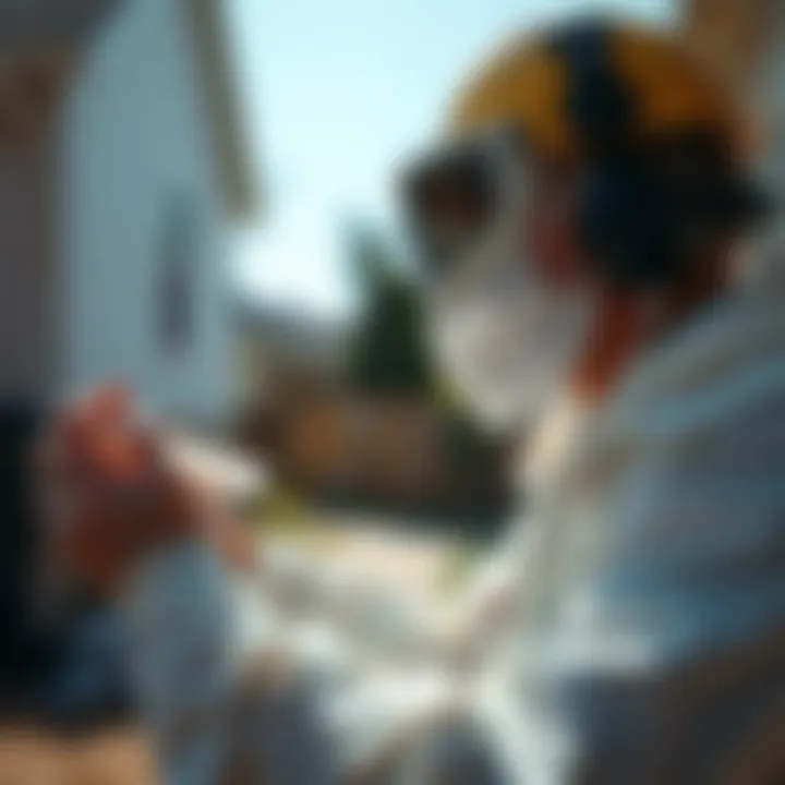 Pest control professional applying ant bait in a residential area