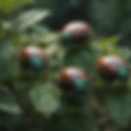 A close-up view of Japanese beetles on foliage