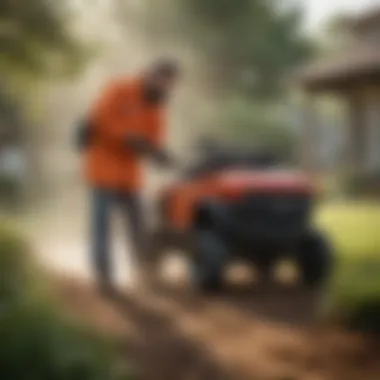 A homeowner applying a chemical treatment to their yard with a sprayer, ensuring a thorough application.