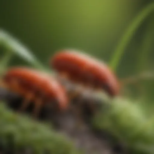 A close-up view of chiggers on grass blades, highlighting their tiny size and reddish color.