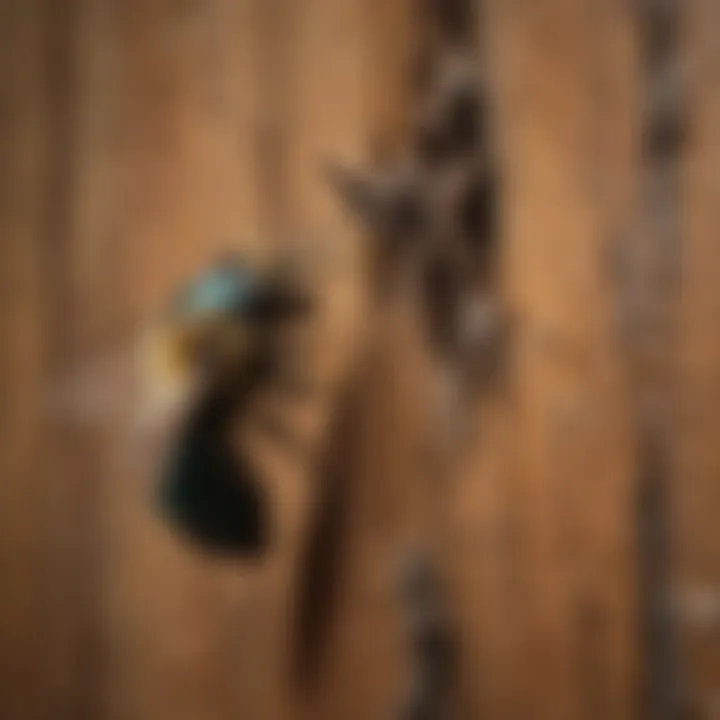 Close-up of carpenter bee damage on wood