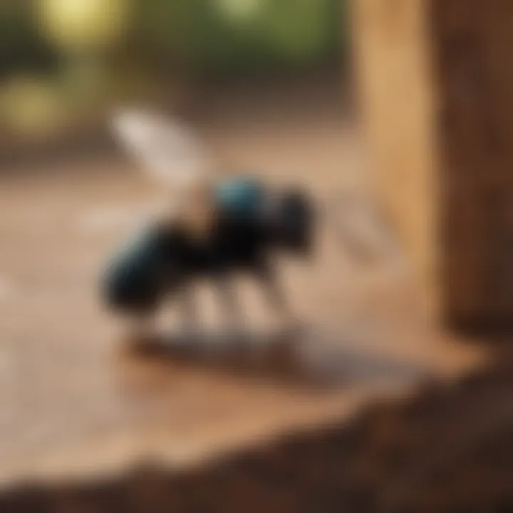 Carpenter bee hovering near wood surface