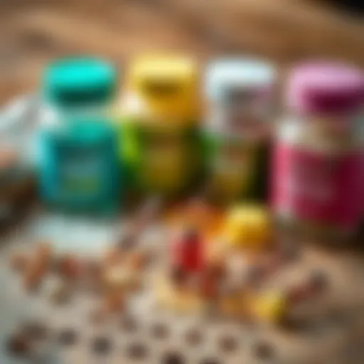 Close-up of various ant bait formulations on a wooden surface