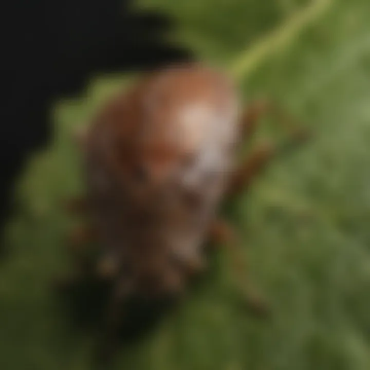 Close-up view of a brown marmorated stink bug on a leaf