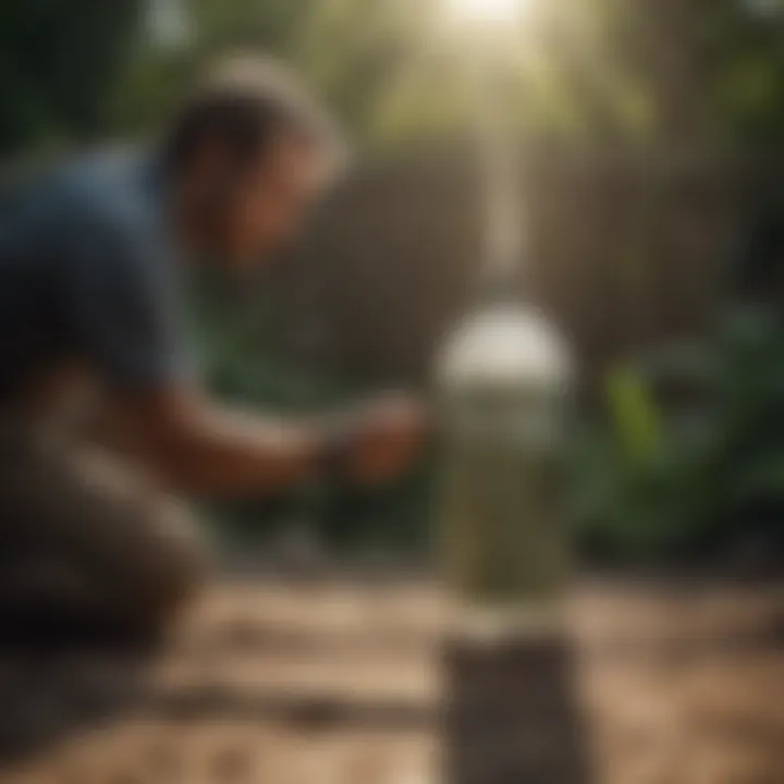 A person applying mosquito spray in their backyard