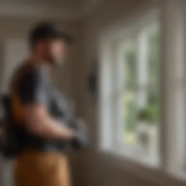 A professional pest control technician inspecting a home