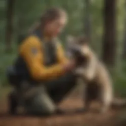 A critter wrangler gently handling a raccoon in a natural setting