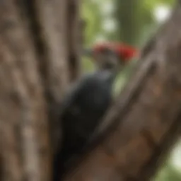 Close-up of a pileated woodpecker on a tree trunk