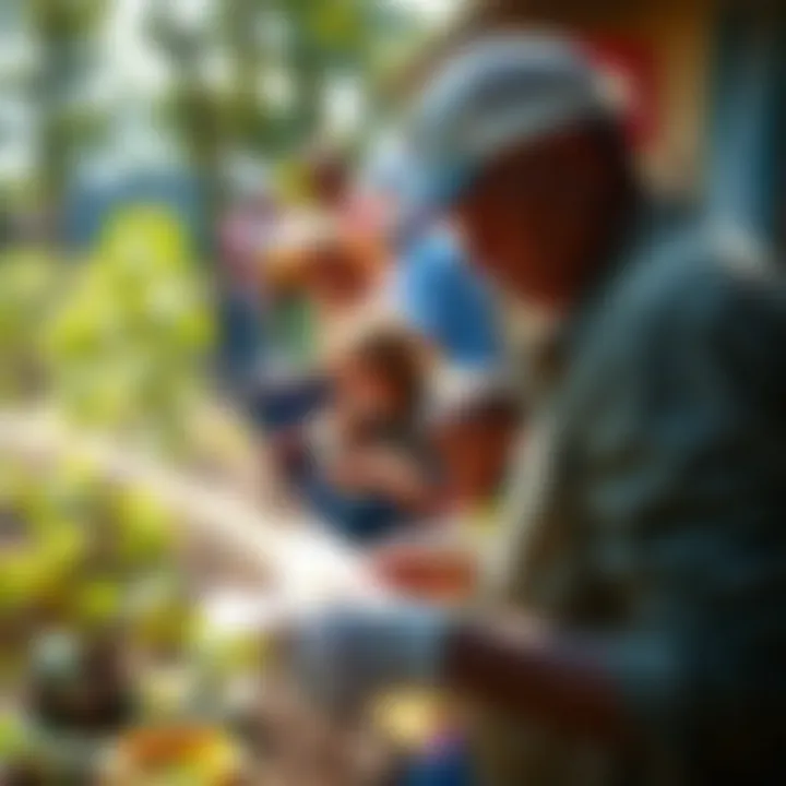 Community Pest Management Efforts An overview of a community engaging in pest management practices outdoors.