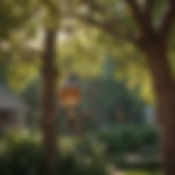 A serene backyard featuring reflective bird deterrents hanging from trees.