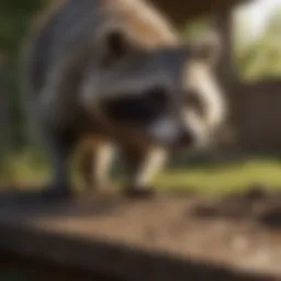 A raccoon investigating a backyard