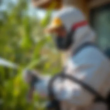 Professional technician applying pest control treatment outdoors