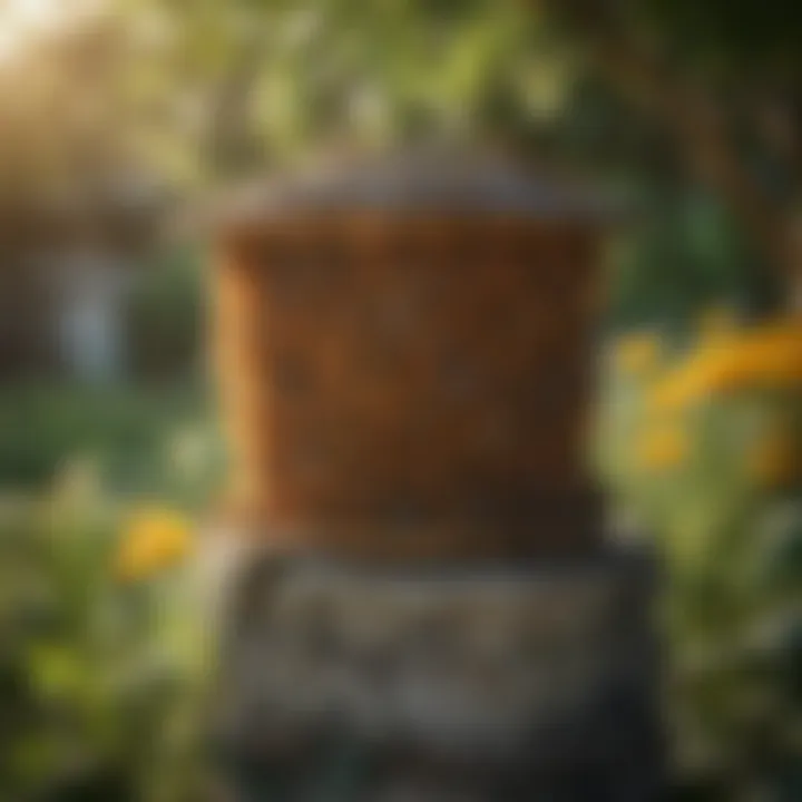 Close-up view of a bee hive nestled in a residential garden