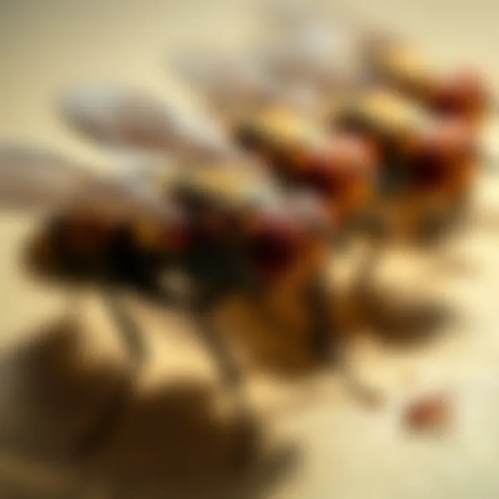 Close-up of phorid flies on a surface