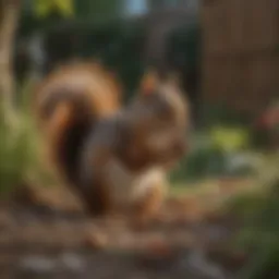A squirrel foraging for food in a backyard