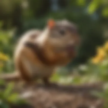 Close-up of a chipmunk foraging in a garden