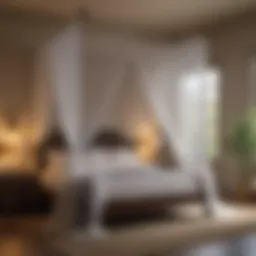 A serene bedroom with mosquito netting