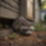 Raccoon peeking from under a house