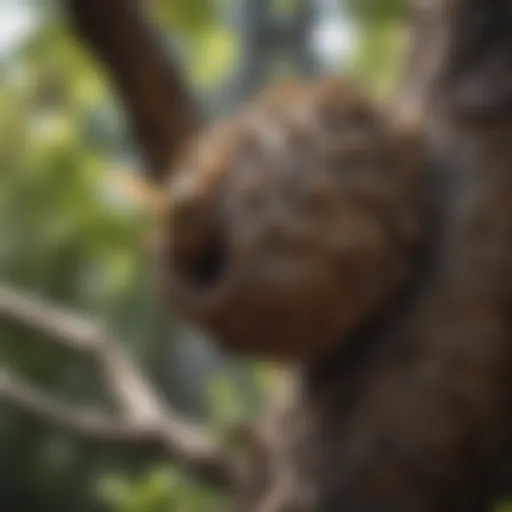 Close-up of a hornet nest on a tree branch