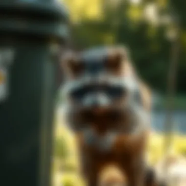 A raccoon attempting to access a trash can