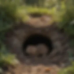 Vole burrow entrance in a garden