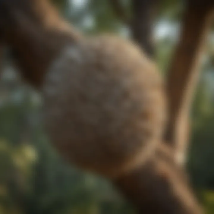 Close-up of a wasp nest hanging from a tree branch