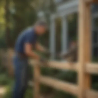 Illustration of a homeowner installing a physical barrier against woodpeckers