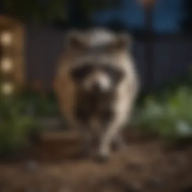 A raccoon exploring a backyard at night