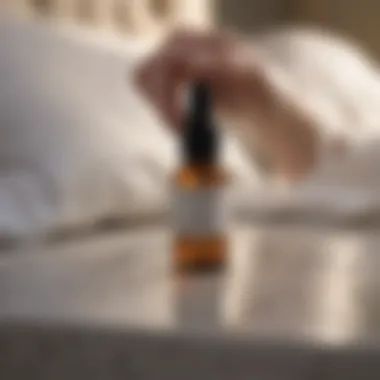 A person applying essential oil spray in a bedroom