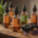 Close-up of essential oil bottles arranged on a wooden table