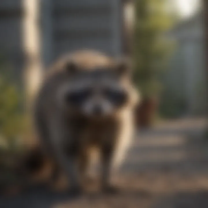 A raccoon observing its surroundings in a suburban area.