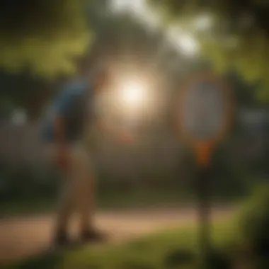 A person using a bug zapper racket outdoors in a garden