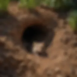 A close-up view of a mouse burrow in the ground, showcasing the entrance and surrounding soil.