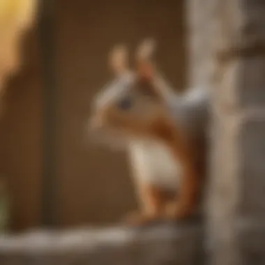 A squirrel peeking out from behind a wall