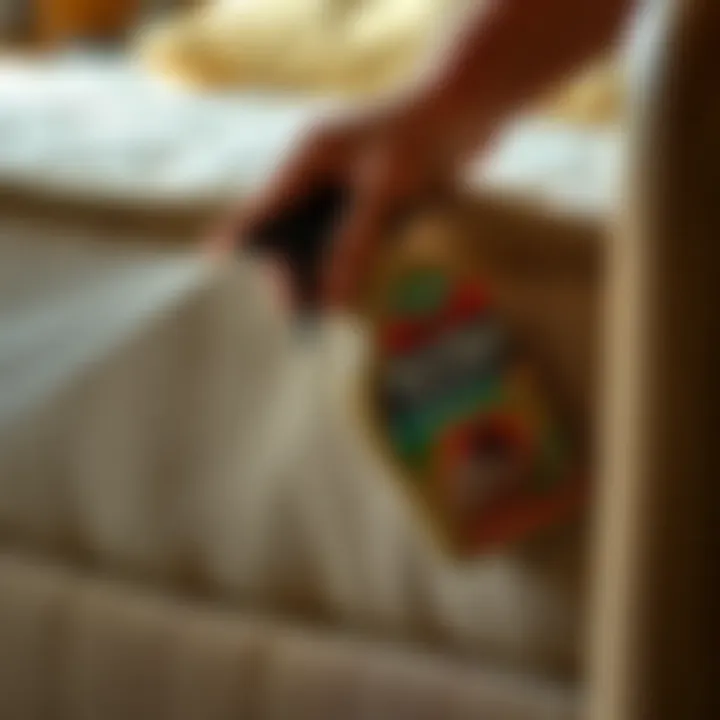 Application of bed bug killer spray on mattress seams