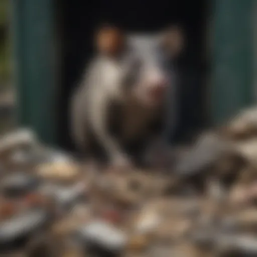 A possum rummaging through garbage cans