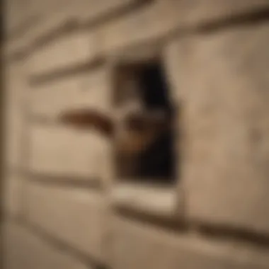 A homeowner inspecting a small opening in the wall where bats can enter.