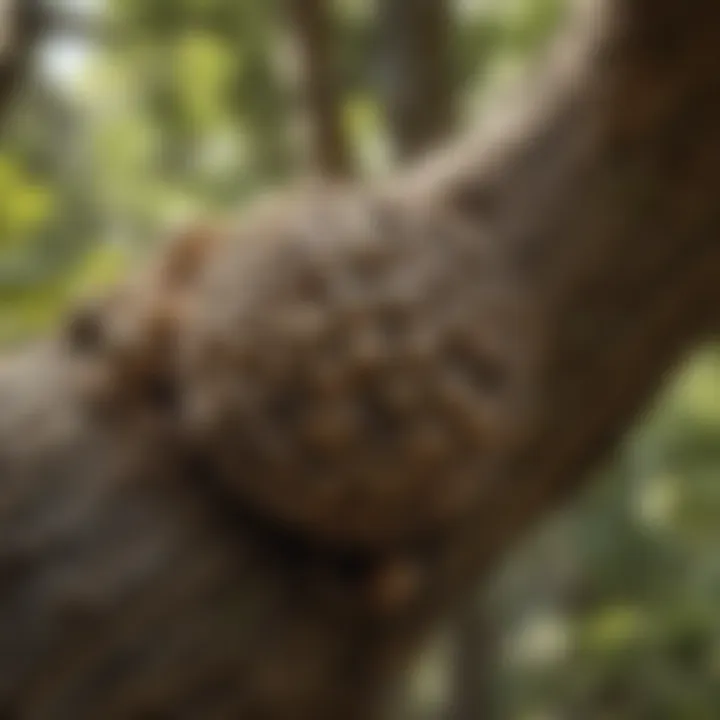 A close-up view of a wasp nest nestled in a tree branch