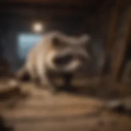 Close-up view of a raccoon in an attic space