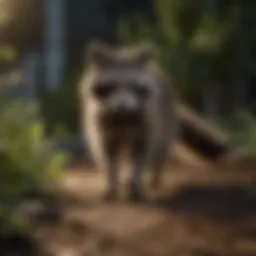 Raccoon investigating a garden at night