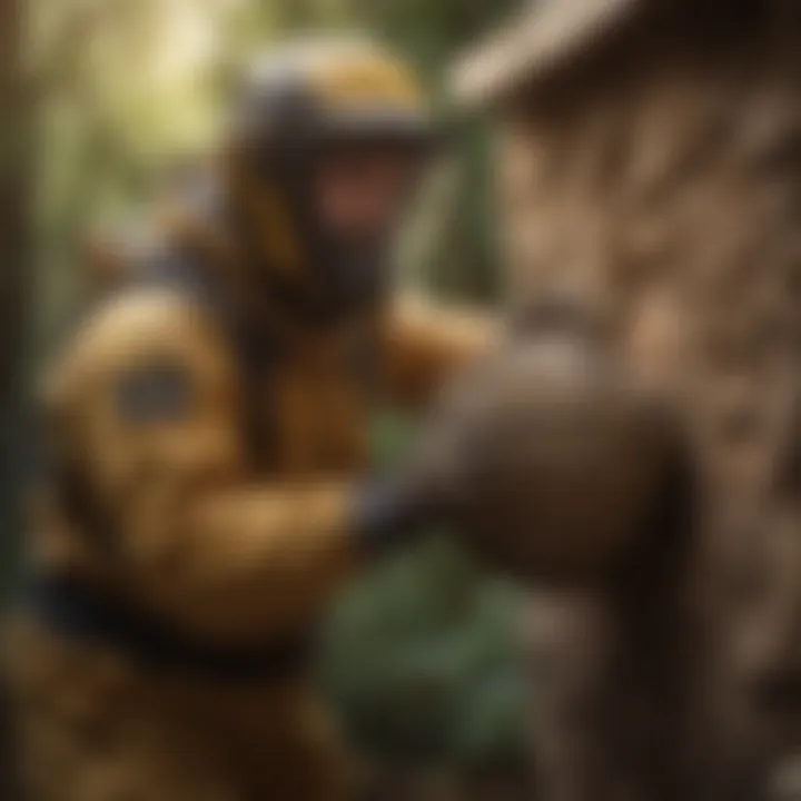 A person utilizing protective gear while safely removing a wasp nest from their property.