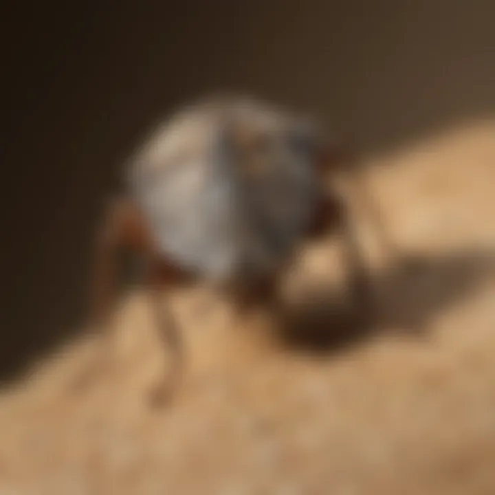 Close-up view of a stink bug on a surface, showcasing its distinctive markings.