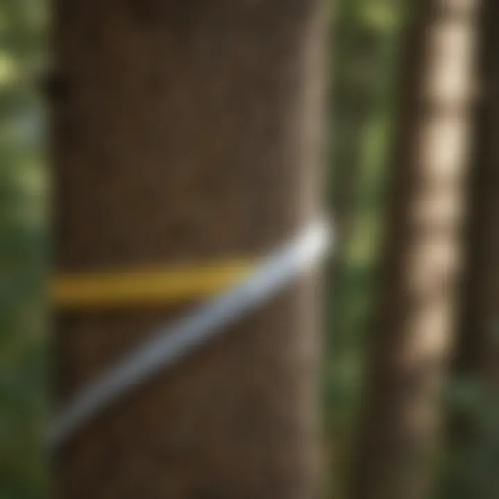 Close-up of a tree with reflective tape, demonstrating a deterrent method against bats.