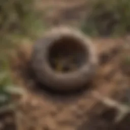 Close-up view of ground wasp nest in the soil