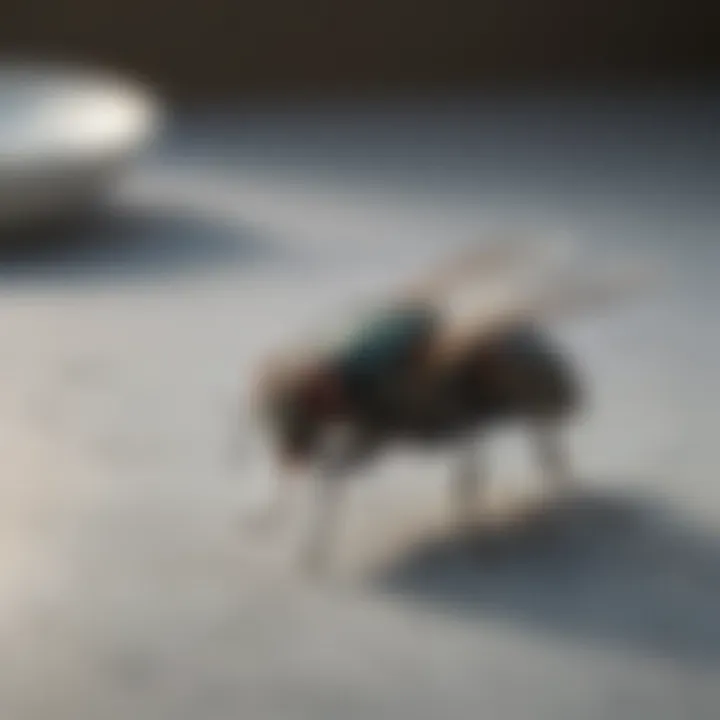 Close-up of a fly resting on a clean kitchen surface