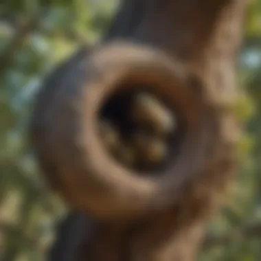 A close-up of a wasp nest suspended in a tree branch