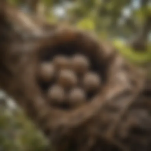 Close-up of a hornet nest in a tree branch